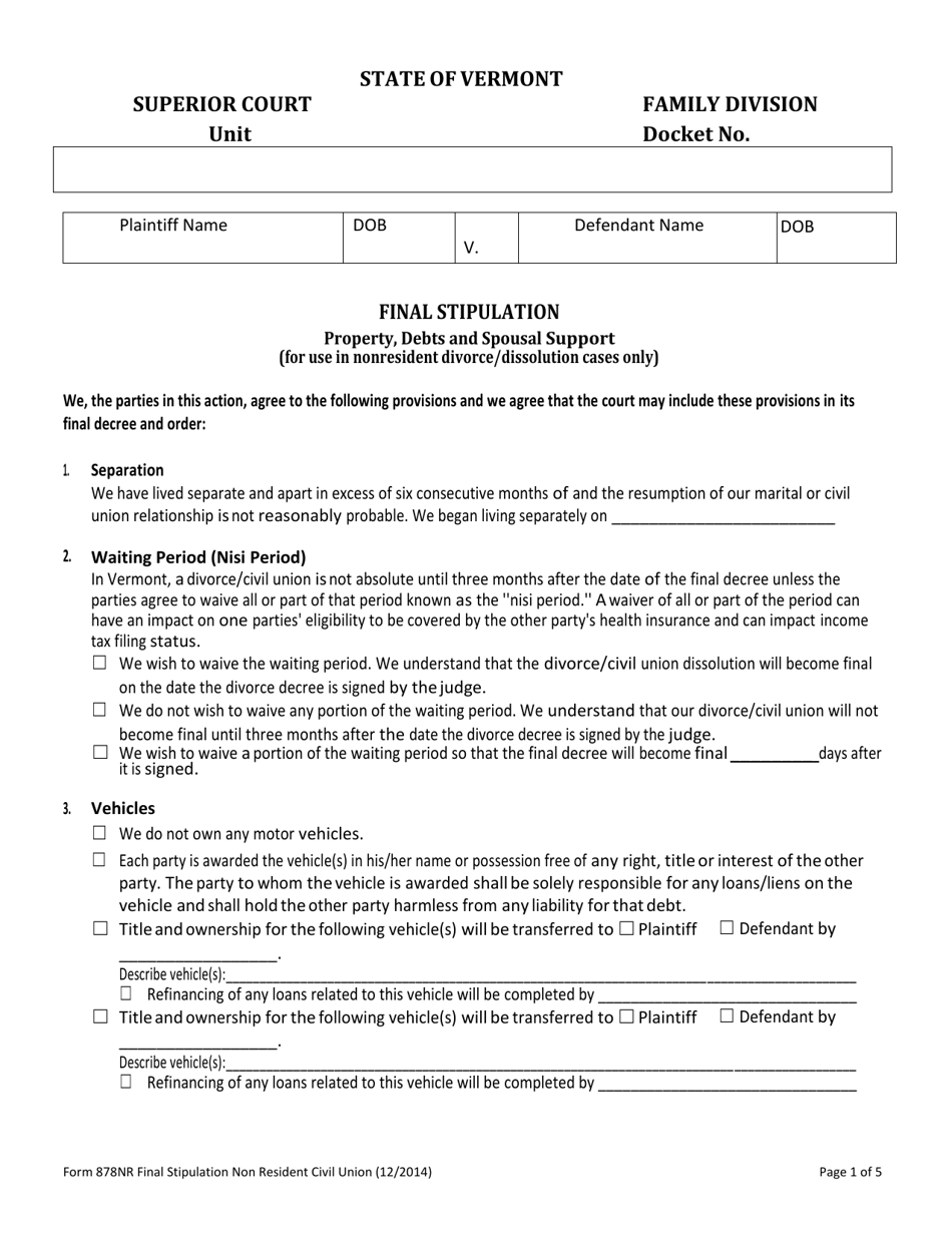 Form 878NR Final Stipulation - Vermont, Page 1