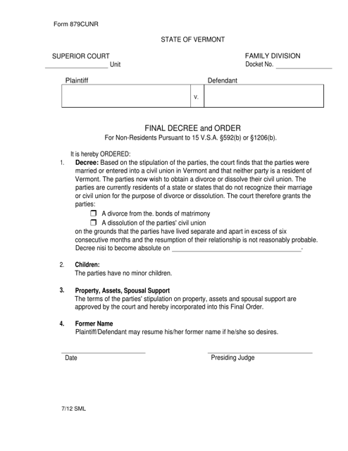 Form 879CUNR Final Decree and Order for Non-residents - Vermont