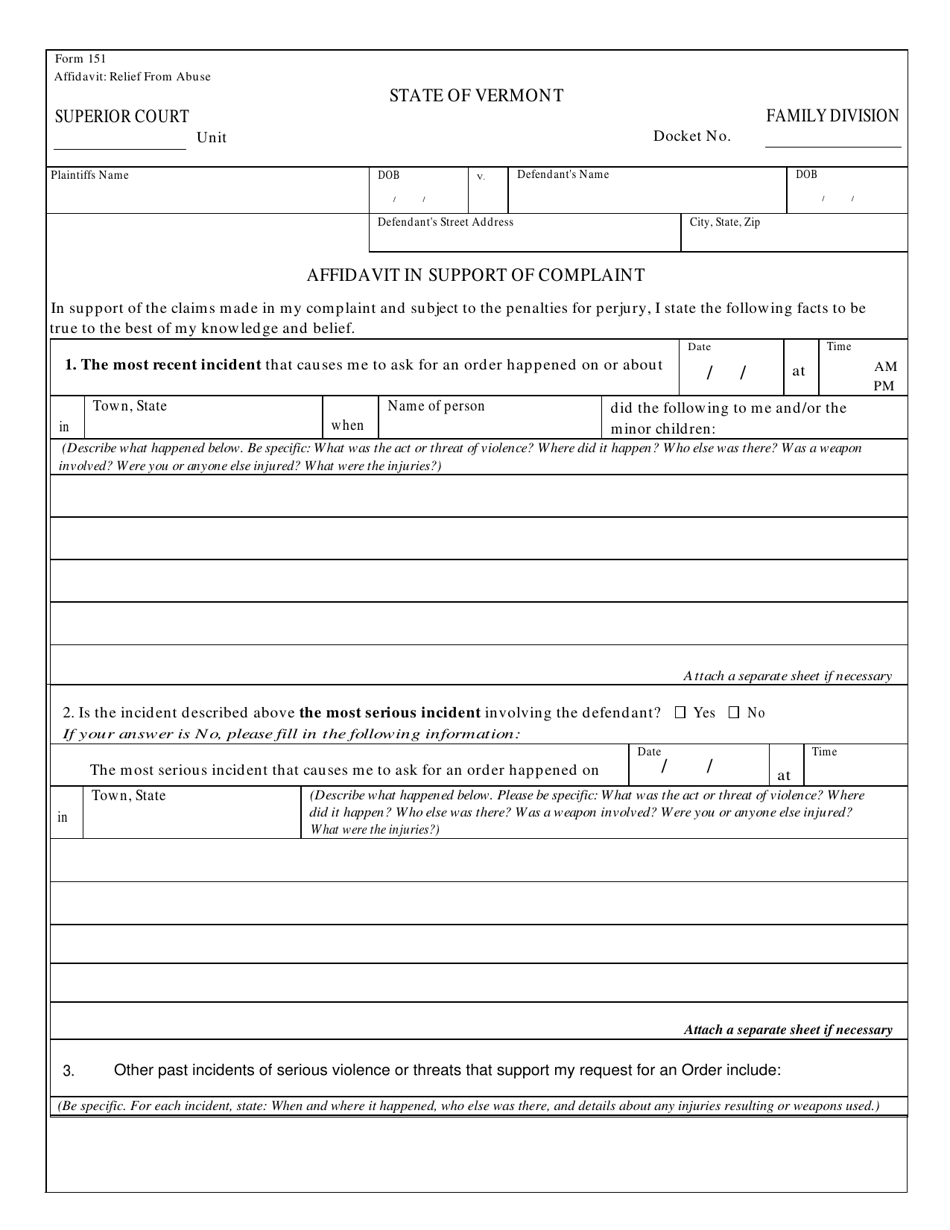 Form 151 Affidavit in Support of Complaint - Vermont, Page 1