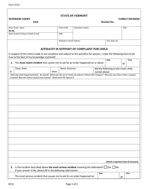Form 151M Affidavit in Support of Complaint for Child - Vermont