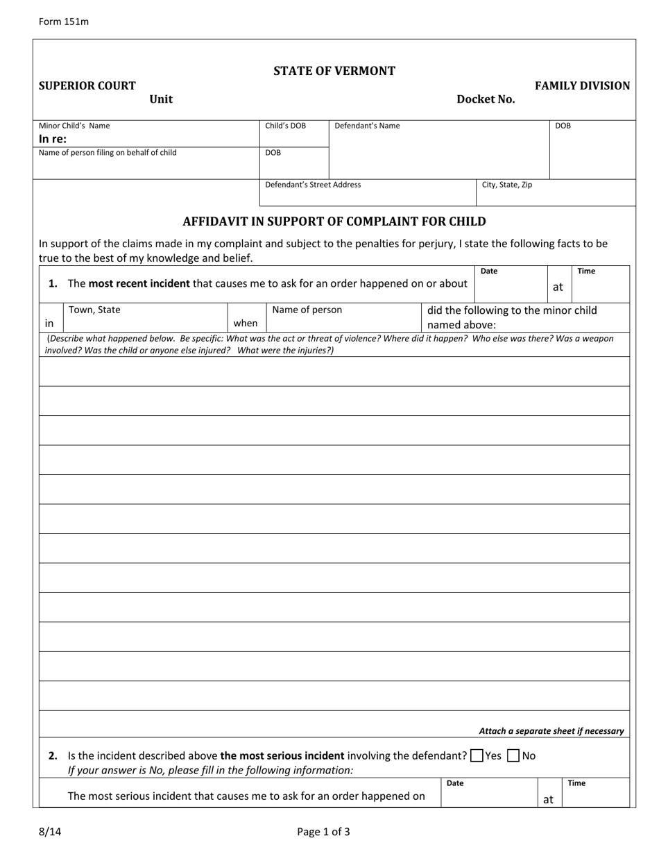 Form 151M Affidavit in Support of Complaint for Child - Vermont, Page 1