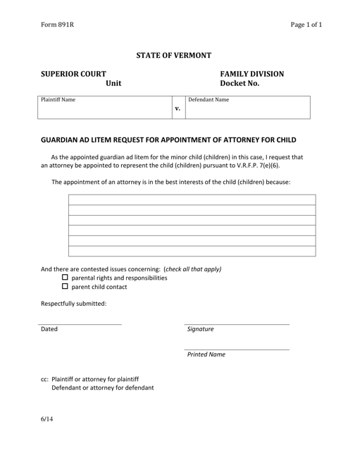 Form 891R Guardian Ad Litem Request for Appointment of Attorney for Child - Vermont