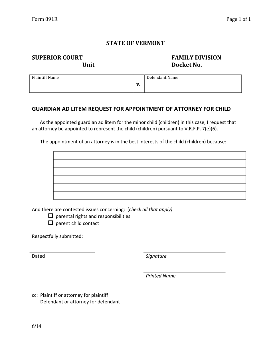 Form 891R Guardian Ad Litem Request for Appointment of Attorney for Child - Vermont, Page 1