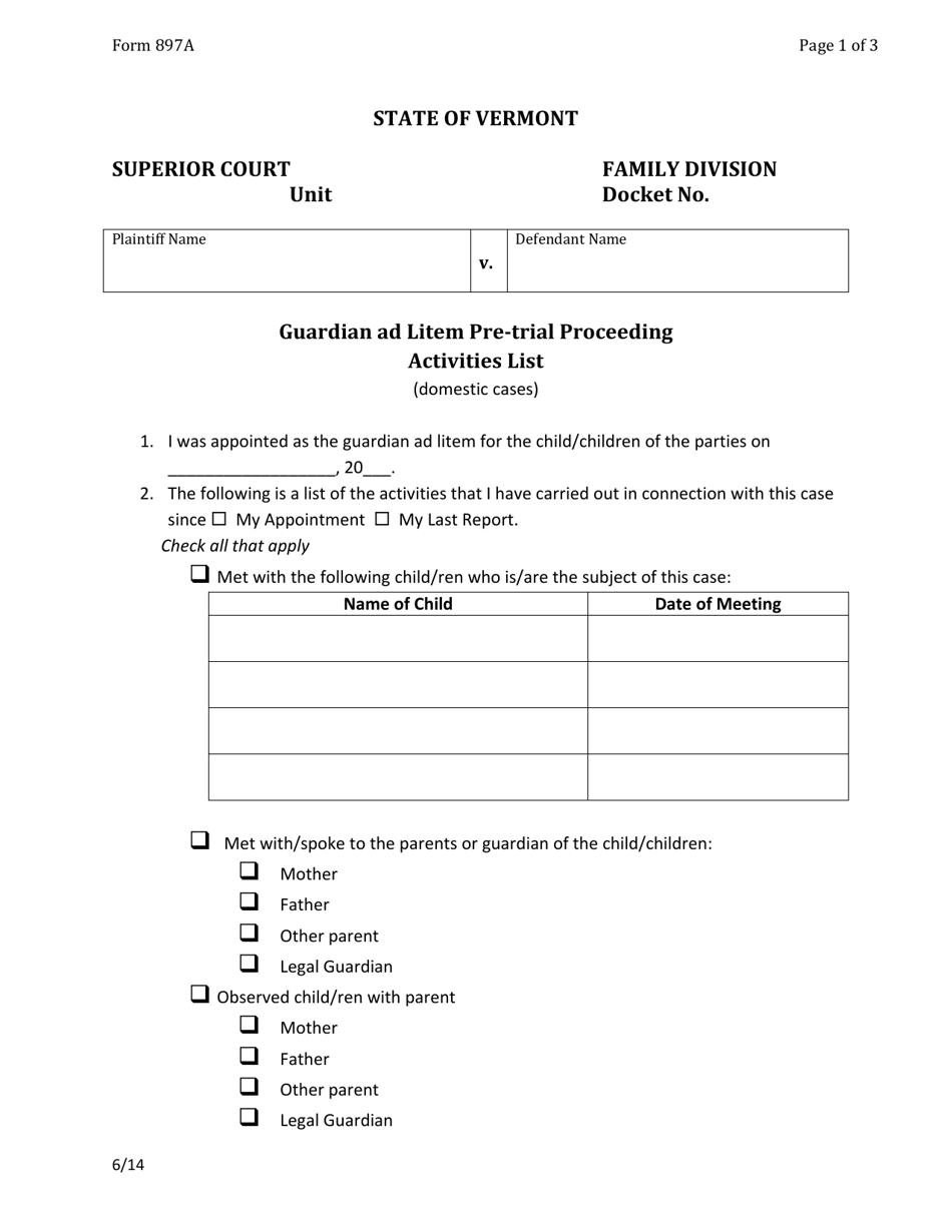 Form 897A Guardian Ad Litem Pre-trial Proceeding Activities List - Vermont, Page 1