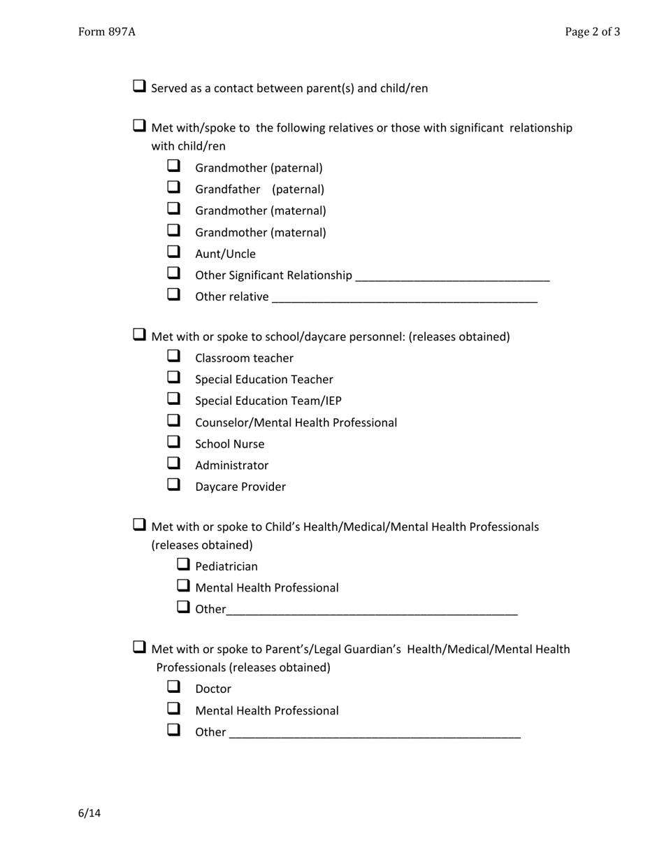 Form 897A Guardian Ad Litem Pre-trial Proceeding Activities List - Vermont, Page 2