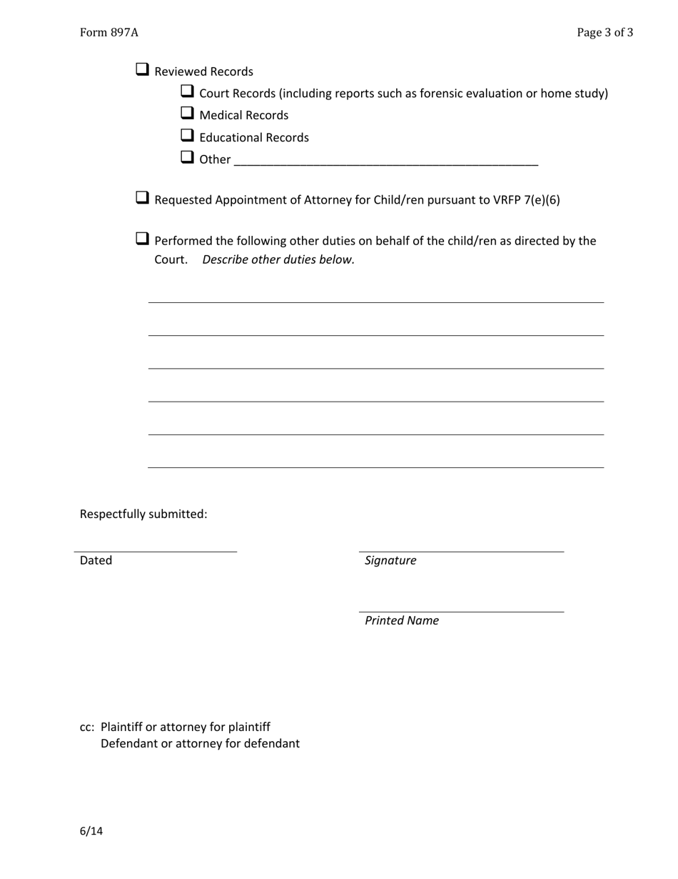 Form 897A Guardian Ad Litem Pre-trial Proceeding Activities List - Vermont, Page 3