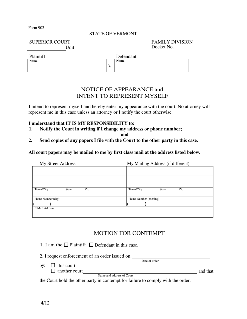 Form 902 Notice of Appearance and Intent to Represent Myself - Vermont, Page 1