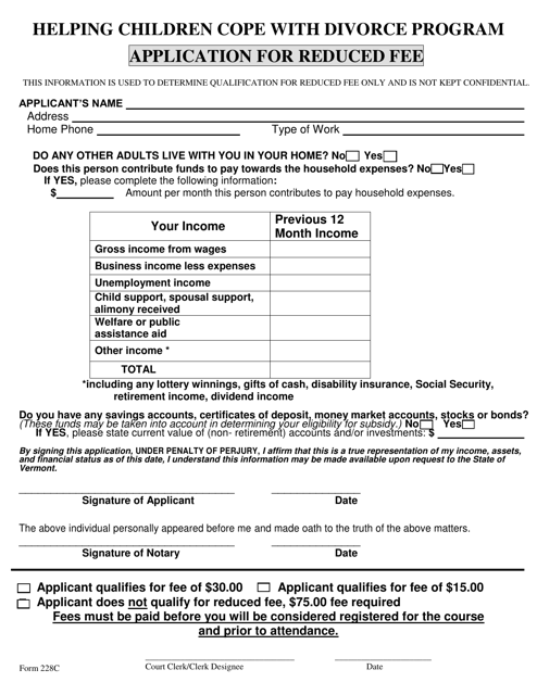Form 228C Application for Reduced Fee - Vermont