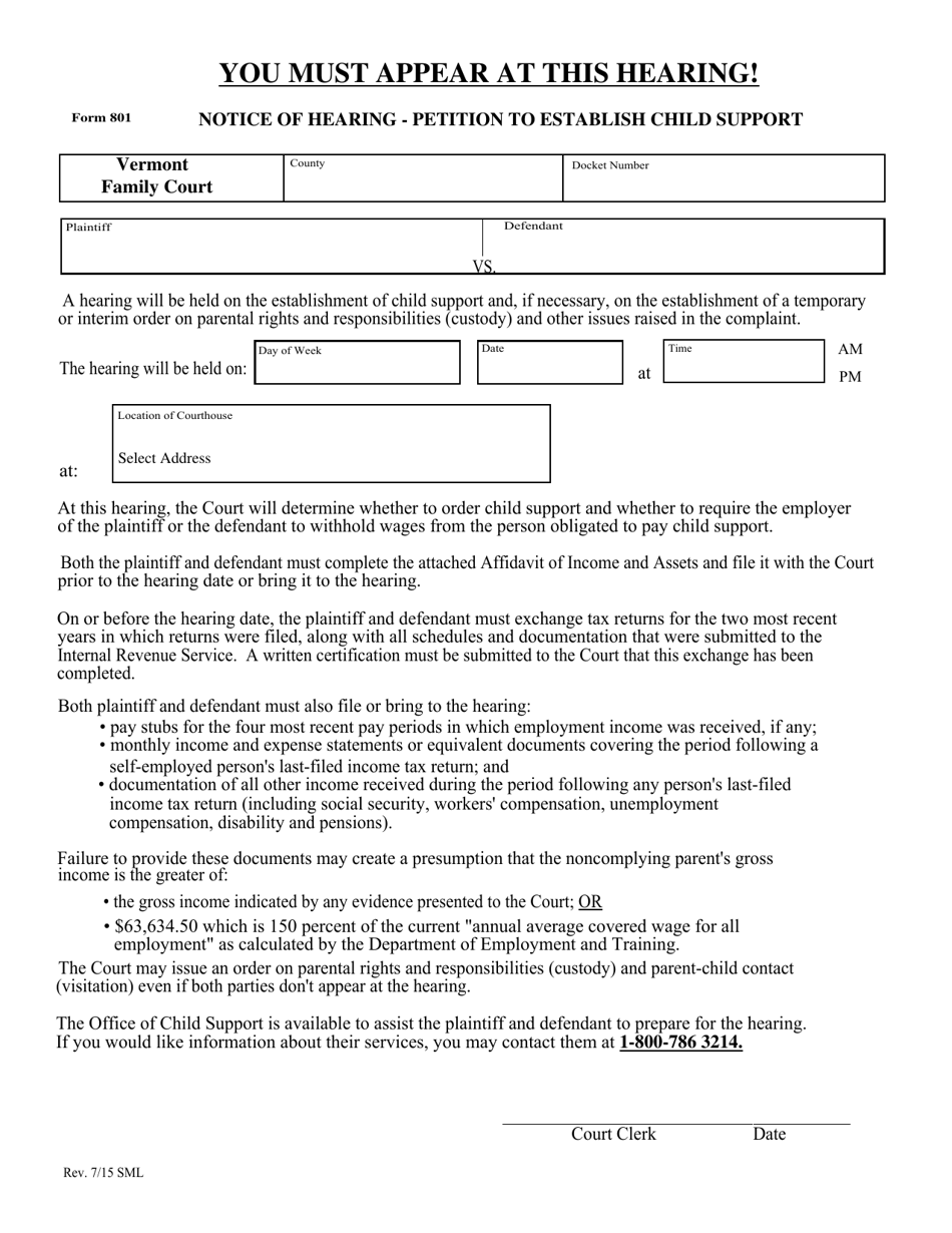 Form 801 Notice of Hearing - Motion to Establish Child Support - Vermont, Page 1