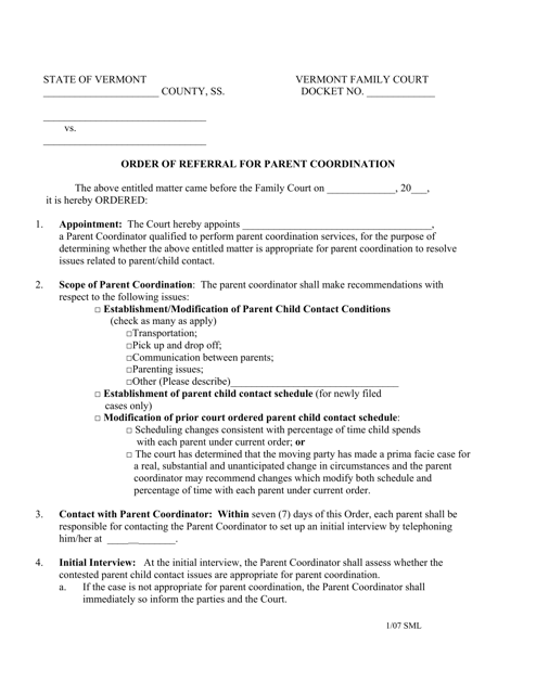 Order of Referral for Parent Coordination - Vermont Download Pdf