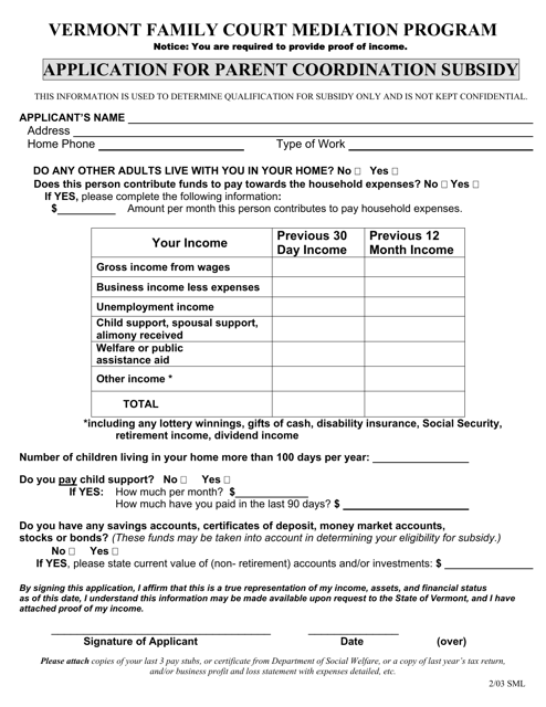 Application for Parent Coordination Subsidy - Vermont Download Pdf
