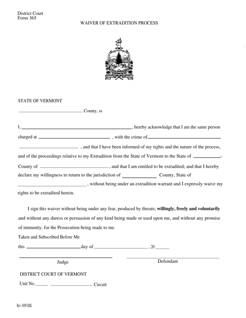 Form 365 Waiver of Extradition Process - Vermont