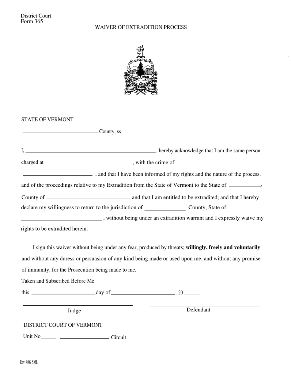 Form 365 Waiver of Extradition Process - Vermont, Page 1