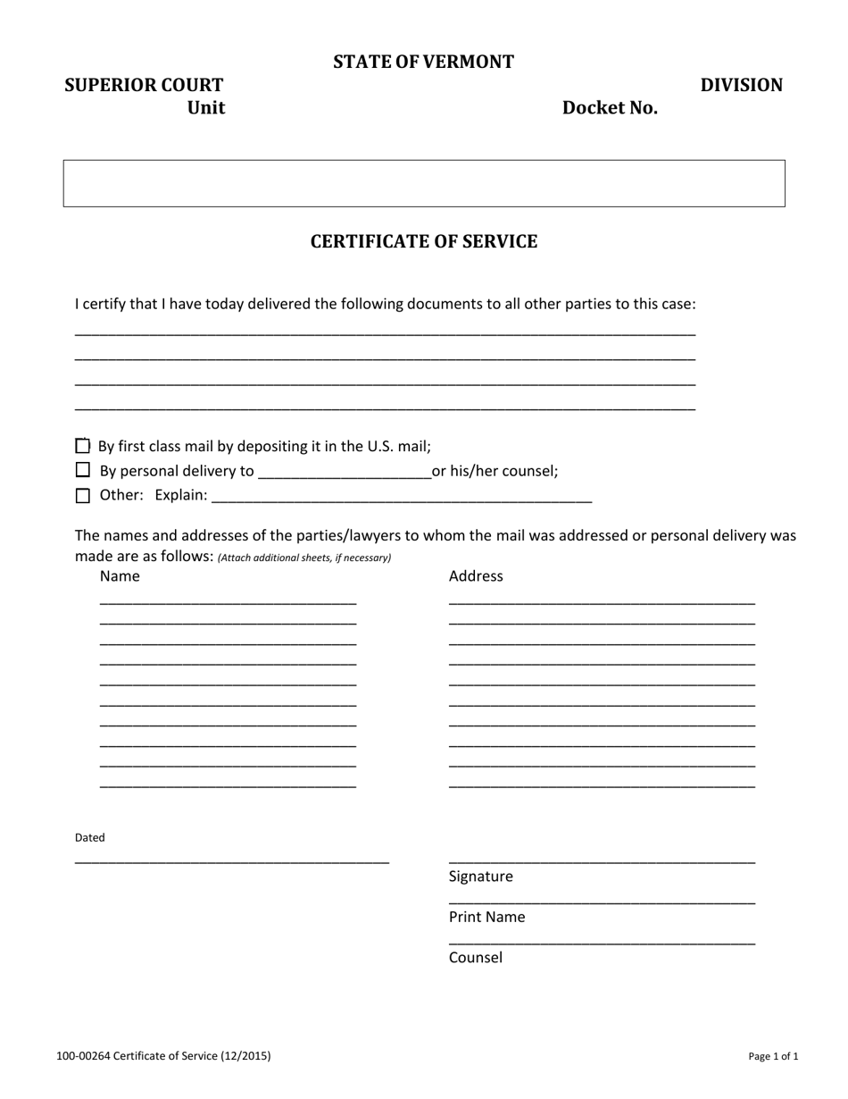 Form 100-00264 Certificate of Service - Vermont, Page 1