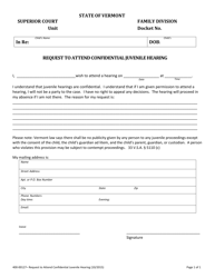 Document preview: Form 400-00127 Request to Attend Confidential Juvenile Hearing - Vermont
