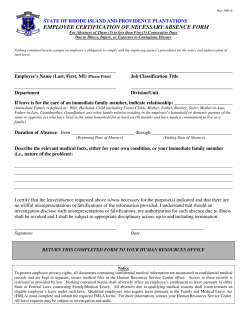 Employee Certification of Necessary Absence Form - Rhode Island