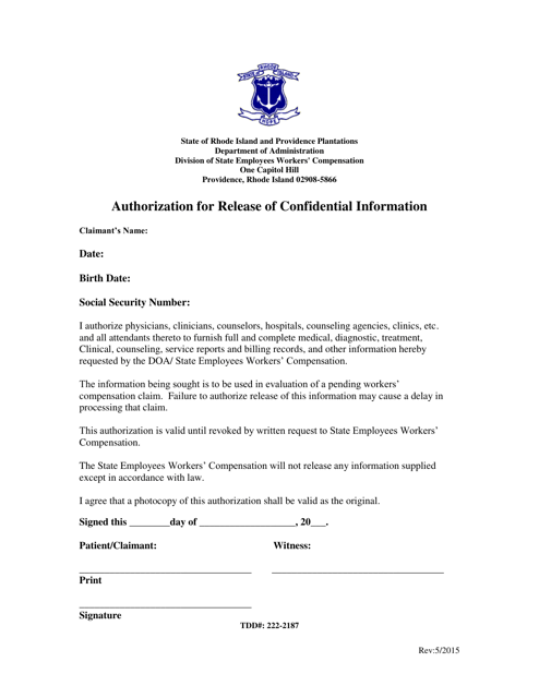 Authorization for Release of Confidential Information - Rhode Island Download Pdf