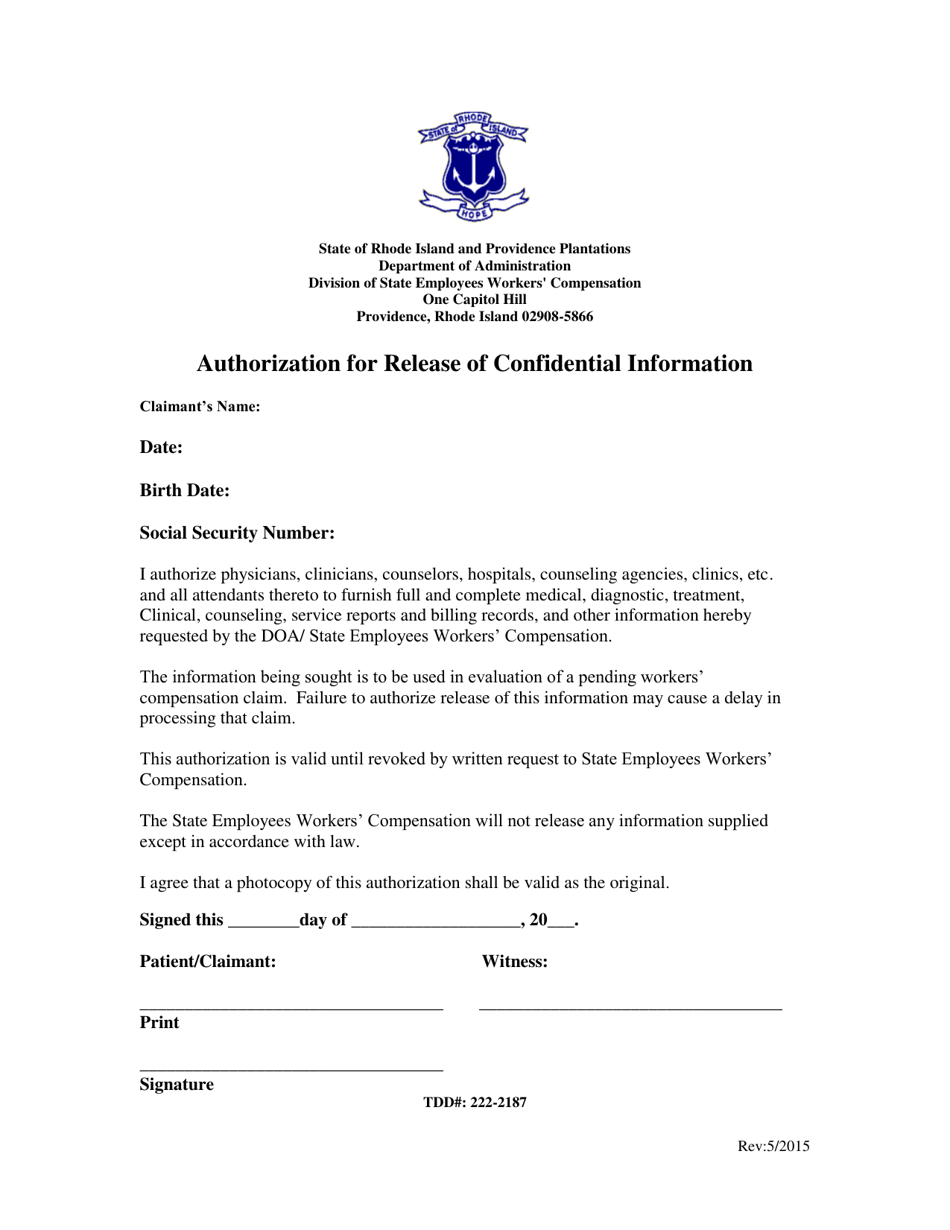 Authorization for Release of Confidential Information - Rhode Island, Page 1