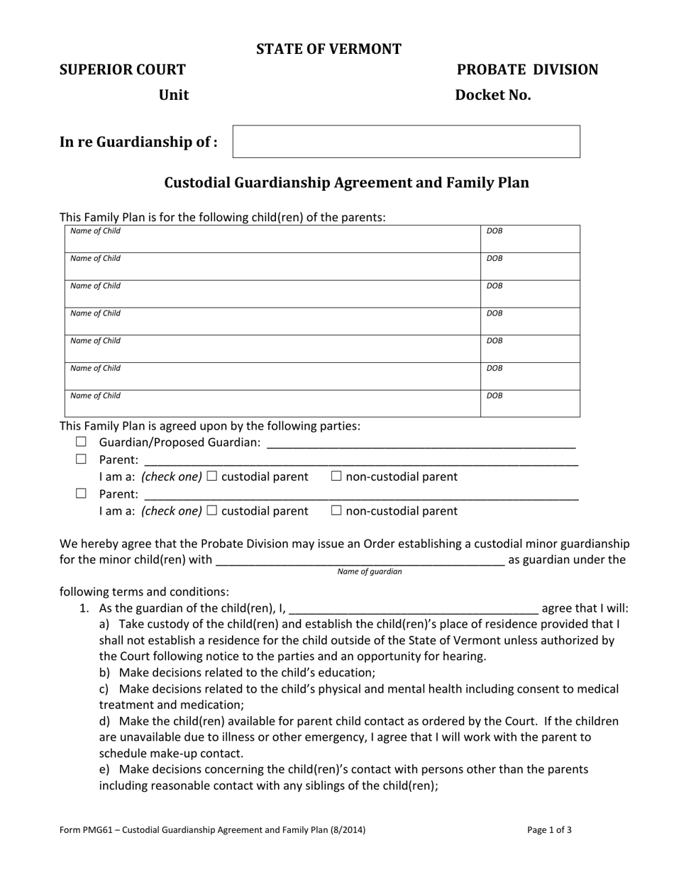 Form PMG61 Custodial Guardianship Agreement and Family Plan - Vermont, Page 1