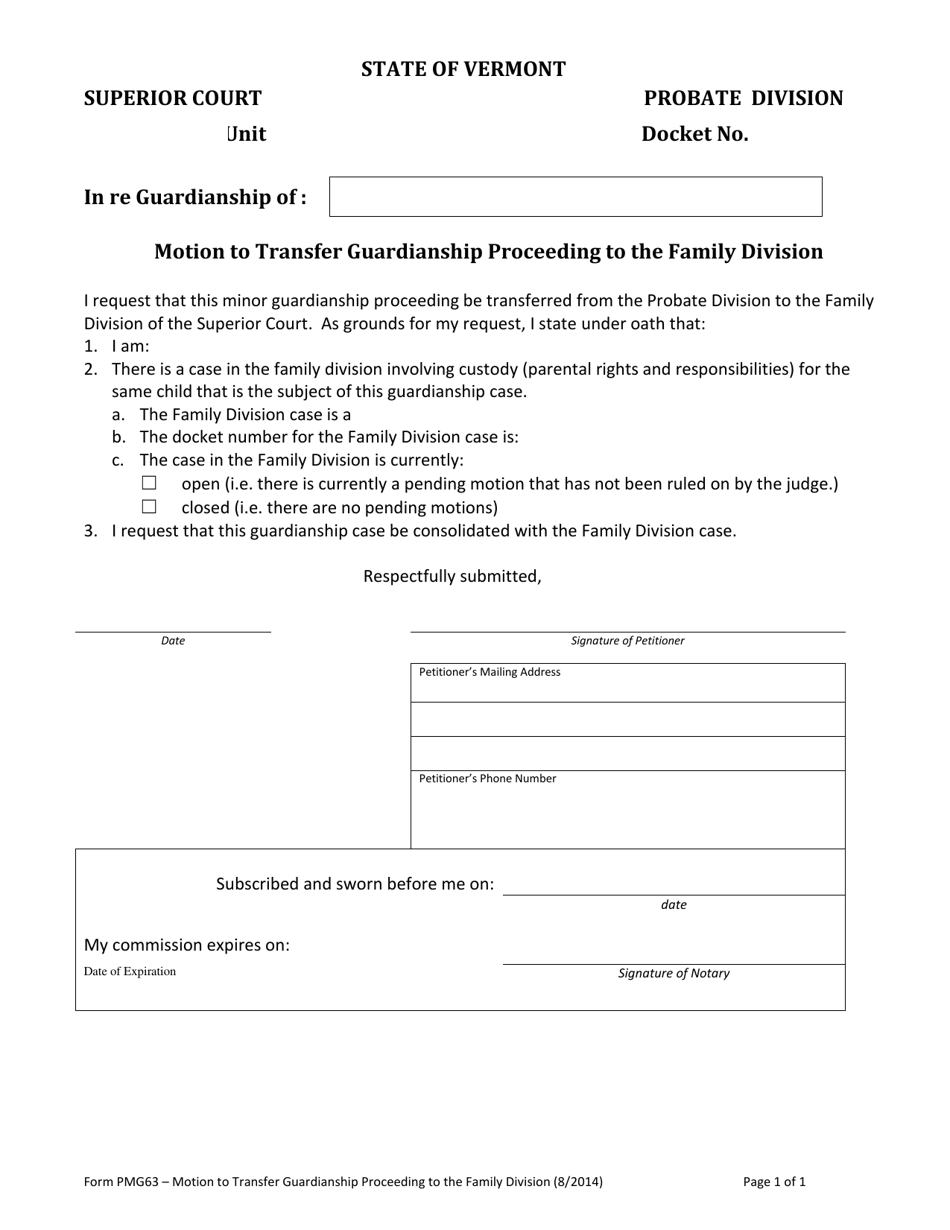 Form PMG63 Motion to Transfer Guardianship Proceeding to the Family Division - Vermont, Page 1
