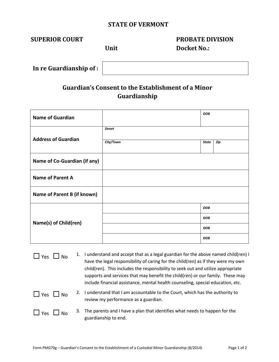 Form PMG70G Guardians Consent to the Establishment of a Minor Guardianship - Vermont, Page 1