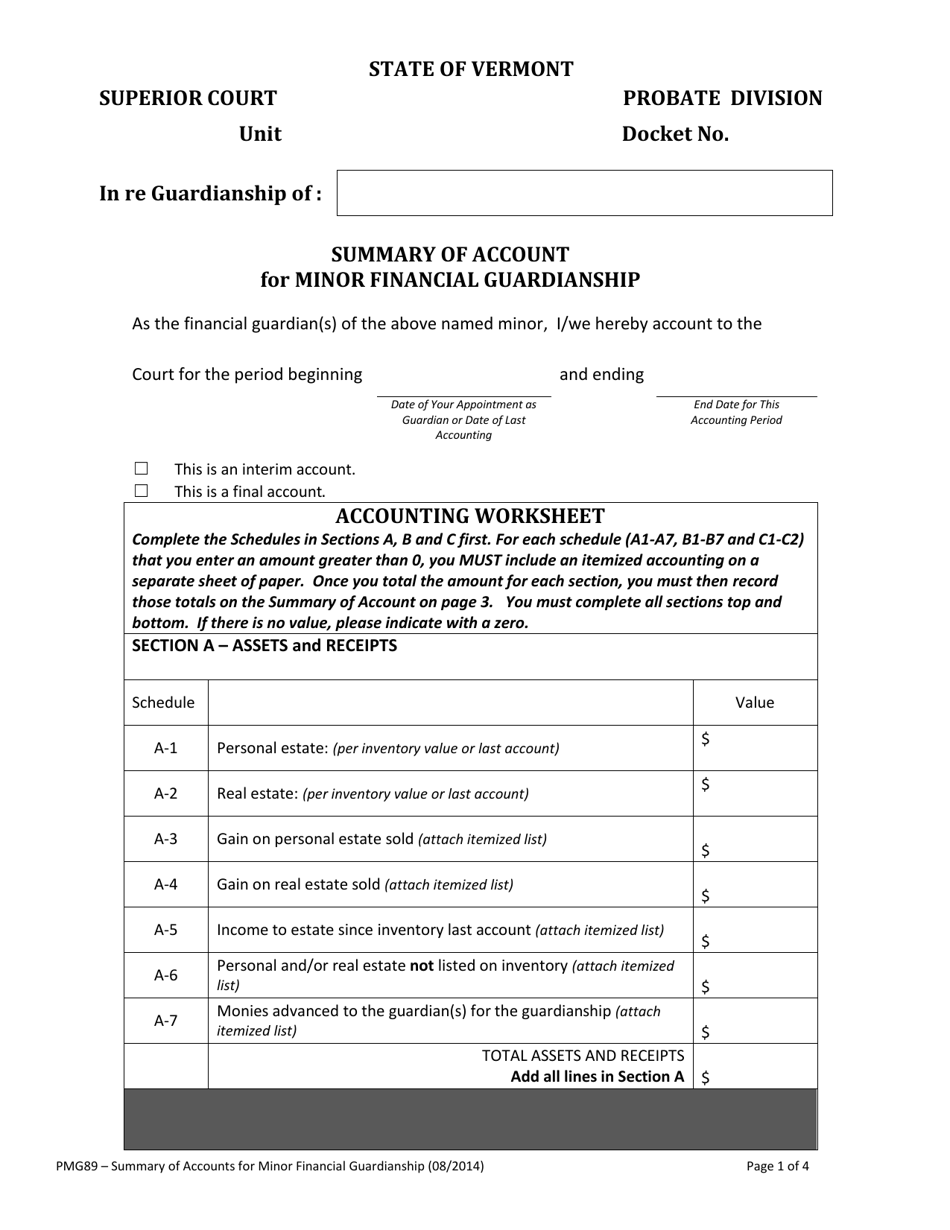 Form PMG89 Summary of Account for Minor Financial Guardianship - Vermont, Page 1