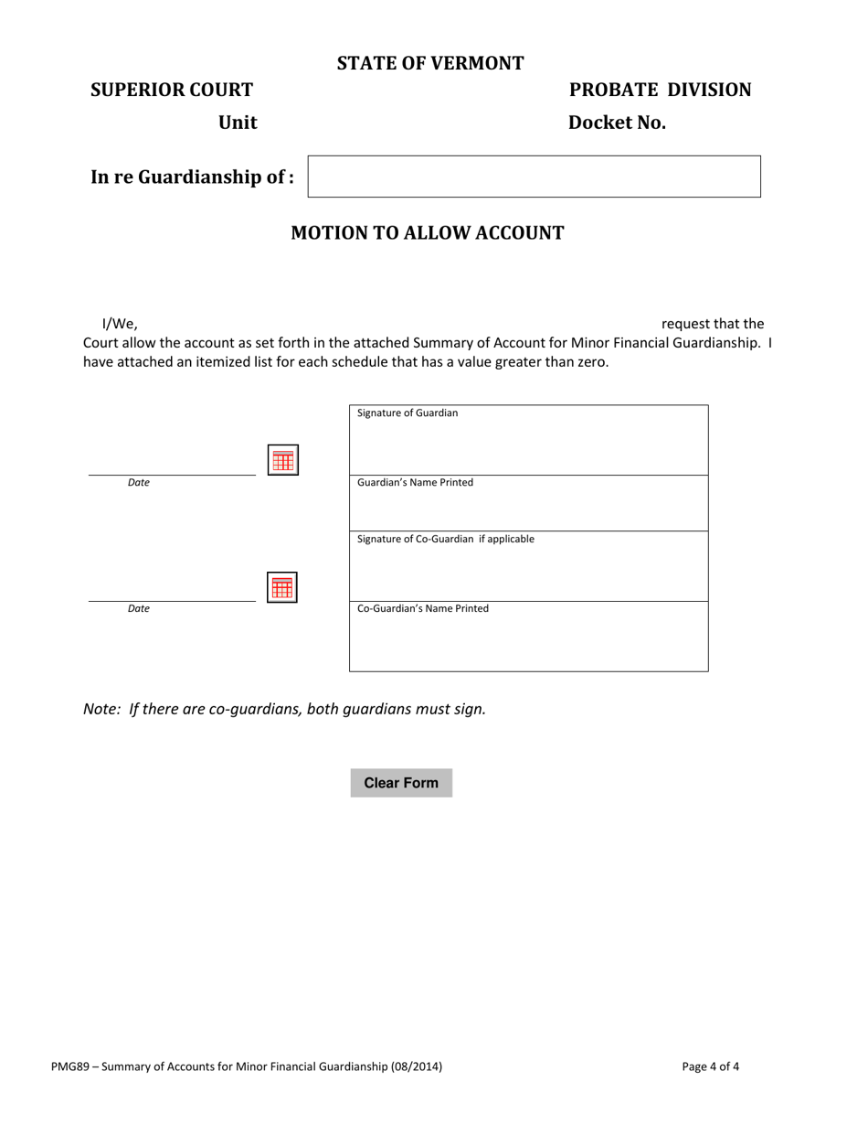 Form PMG89 Summary of Account for Minor Financial Guardianship - Vermont, Page 4