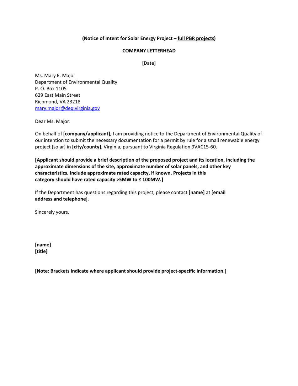 Notice of Intent for Solar Energy Project - Full Pbr Projects - Virginia, Page 1