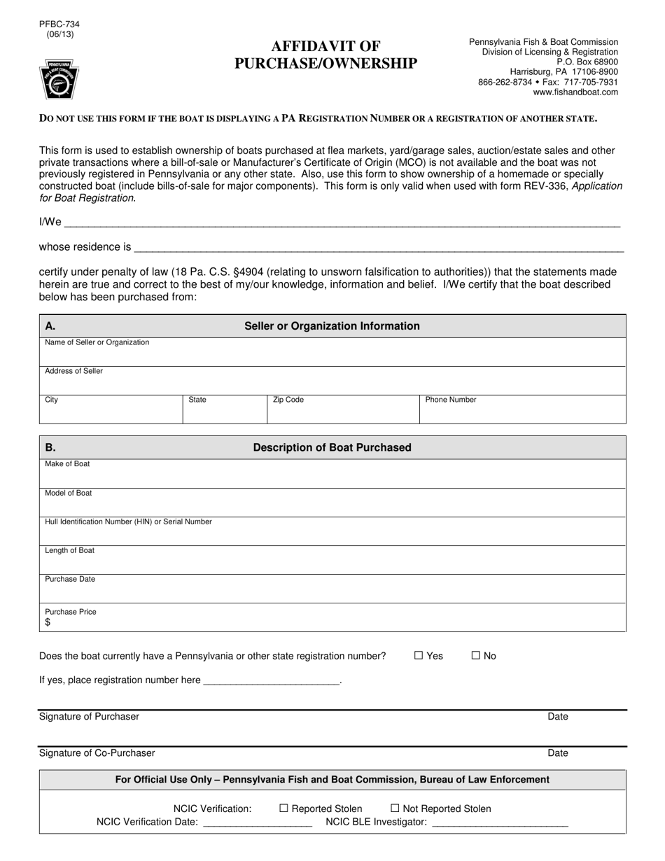 Form PFBC-734 Affidavit of Purchase / Ownership - Pennsylvania, Page 1