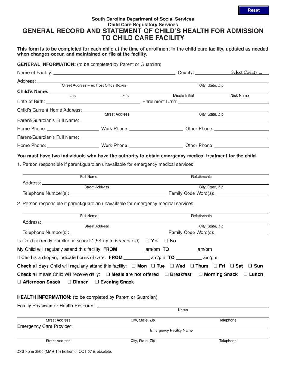 DSS Form 2900 General Record and Statement of Childs Health for Admission to Child Care Facility - South Carolina, Page 1