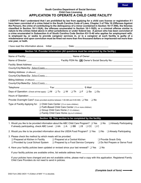 DSS Form 2902 Application to Operate a Child Care Facility - South Carolina