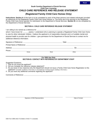 DSS Form 2908 &quot;Child Care Reference and Release Statement (Registered Family Child Care Homes Only)&quot; - South Carolina
