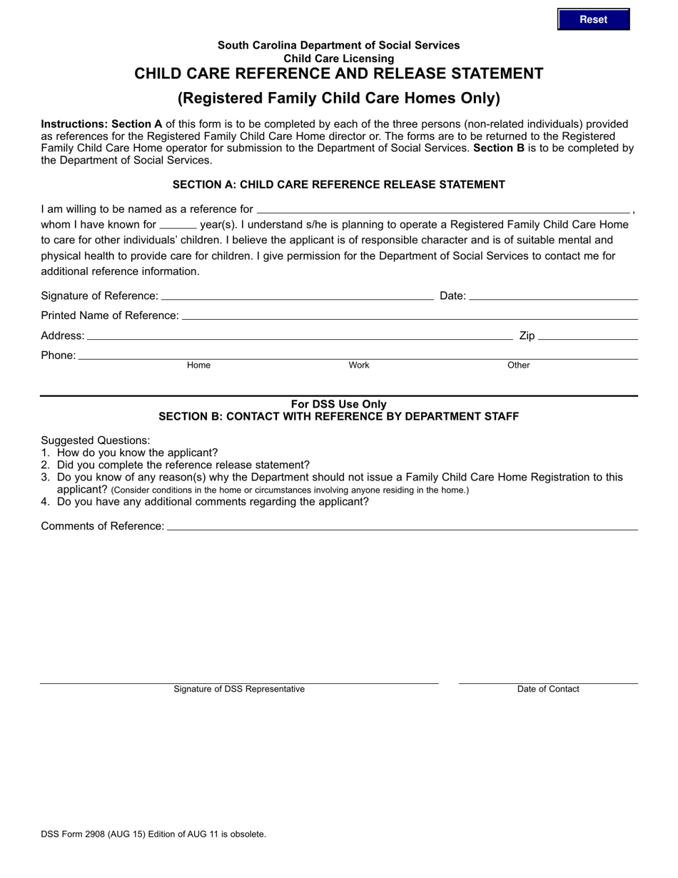DSS Form 2908 Child Care Reference and Release Statement (Registered Family Child Care Homes Only) - South Carolina, Page 1