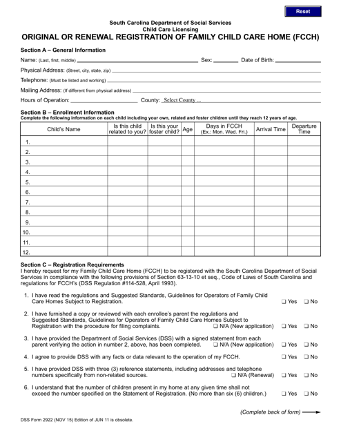 DSS Form 2922 Original or Renewal Registration of Family Child Care Home (Fcch) - South Carolina