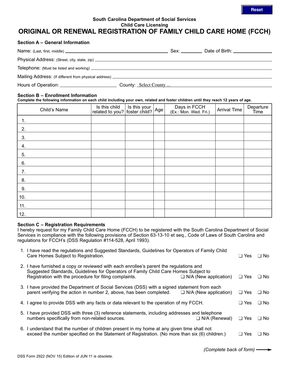 DSS Form 2922 Original or Renewal Registration of Family Child Care Home (Fcch) - South Carolina, Page 1