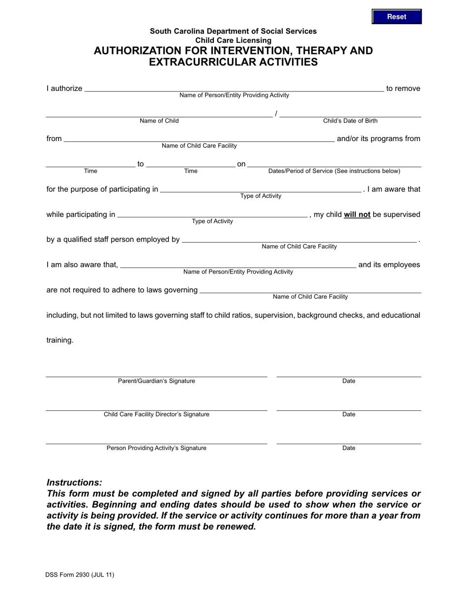DSS Form 2930 Authorization for Intervention, Therapy and Extracurricular Activities - South Carolina, Page 1
