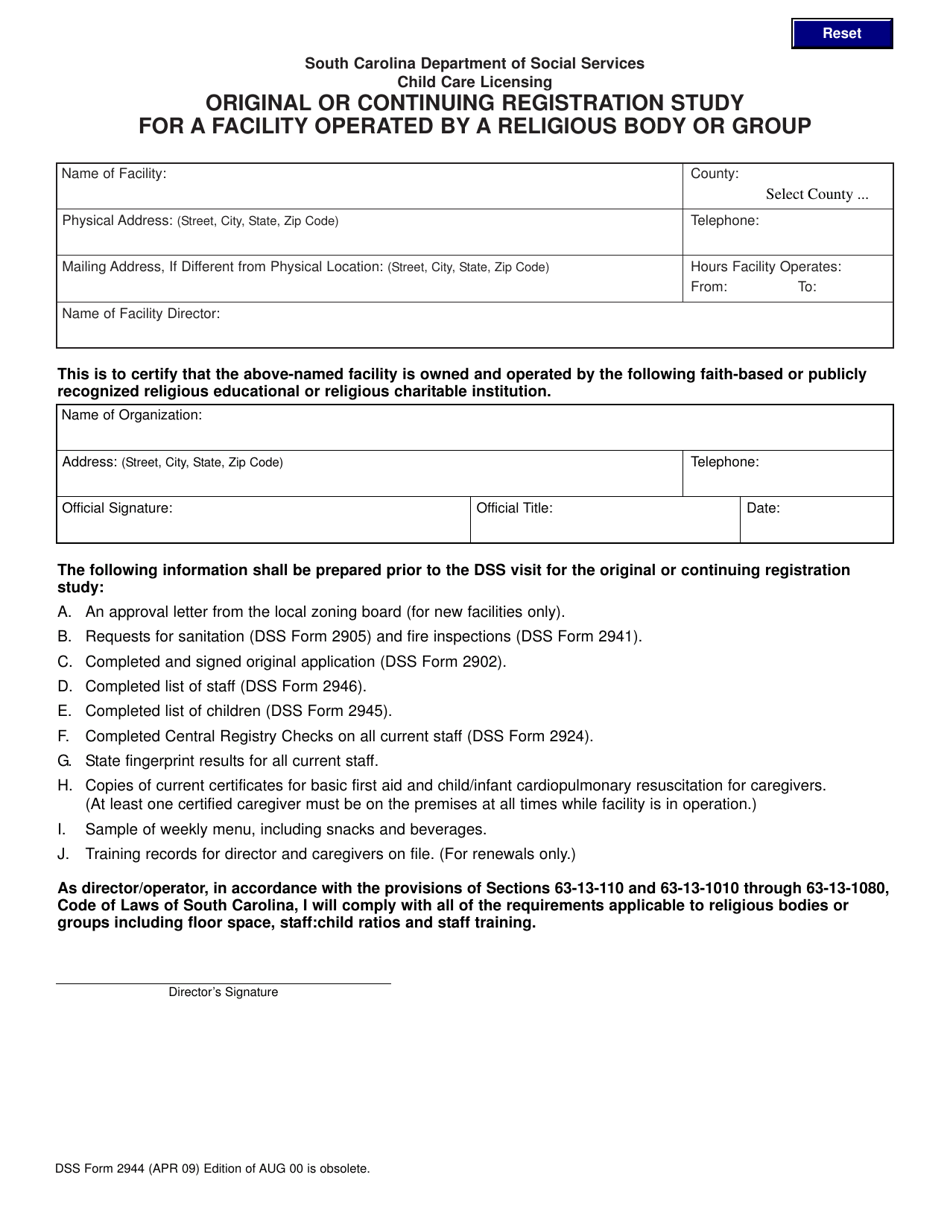 DSS Form 2944 Original or Continuing Registration Study for a Facility Operated by a Religious Body or Group - South Carolina, Page 1