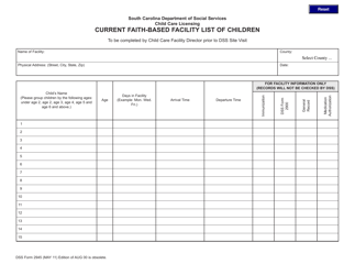 Document preview: DSS Form 2945 Current Faith-Based Facility List of Children - South Carolina