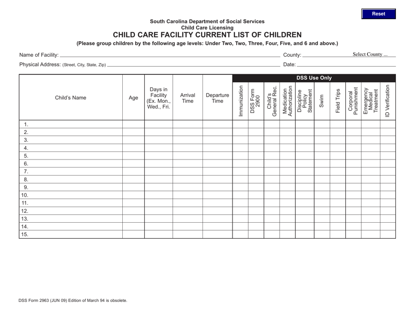 DSS Form 2963 Child Care Facility Current List of Children - South Carolina