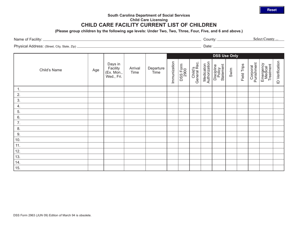 DSS Form 2963 Child Care Facility Current List of Children - South Carolina, Page 1