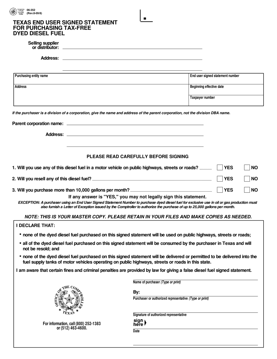 Form 06-352 Texas End User Signed Statement for Purchasing Tax-Free Dyed Diesel Fuel - Texas, Page 1