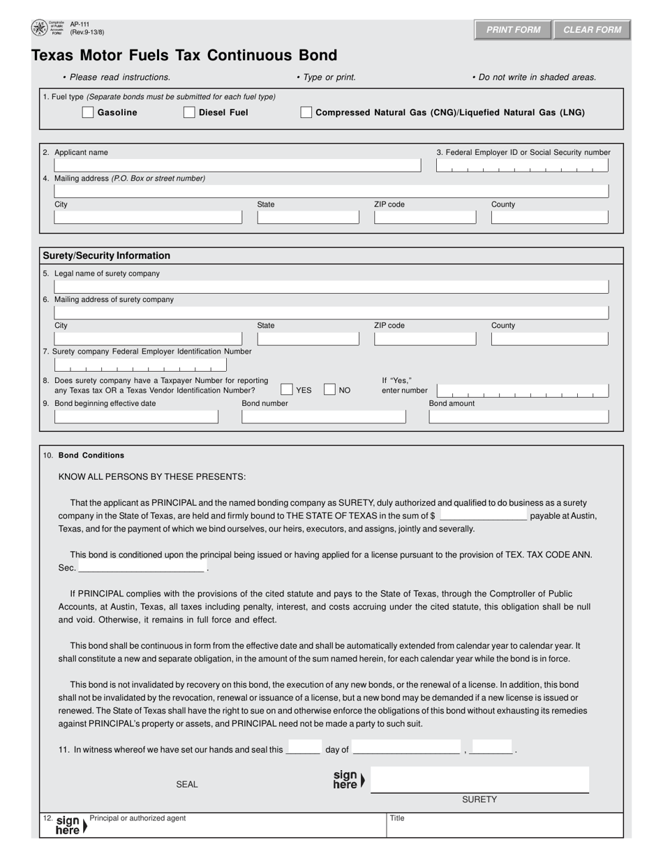 Form AP-111 Texas Motor Fuels Tax Continuous Bond - Texas, Page 1