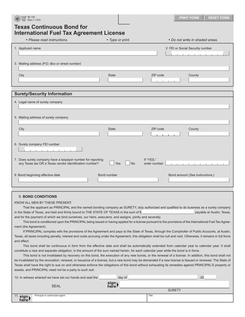 Form 56-100 Texas Continuous Bond for International Fuel Tax Agreement License - Texas