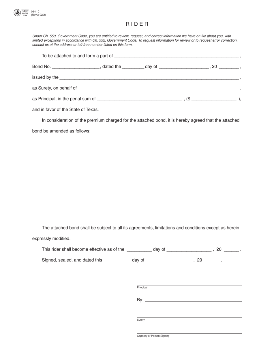 Form 06-110 Rider - Texas, Page 1