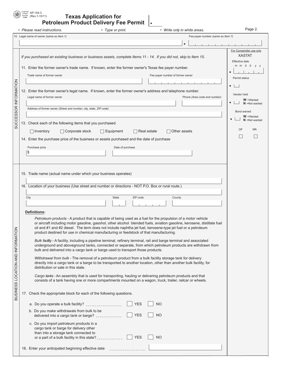 Form AP-154 Texas Application for Petroleum Product Delivery Fee Permit - Texas, Page 3
