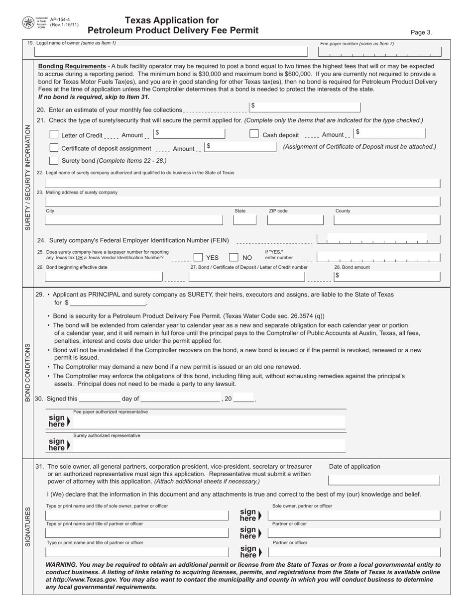 Form AP-154 Texas Application for Petroleum Product Delivery Fee Permit - Texas, Page 4