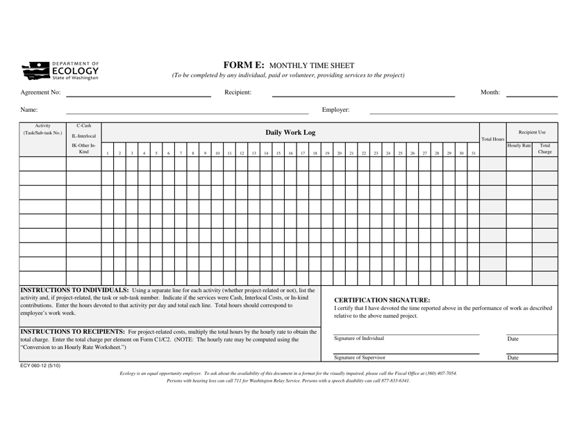 Form ECY060-12 (E) Monthly Time Sheet - Washington