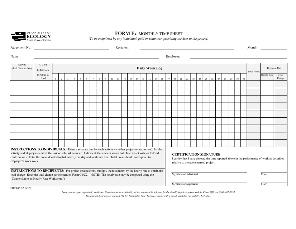 Form ECY060-12 (E) Monthly Time Sheet - Washington, Page 1