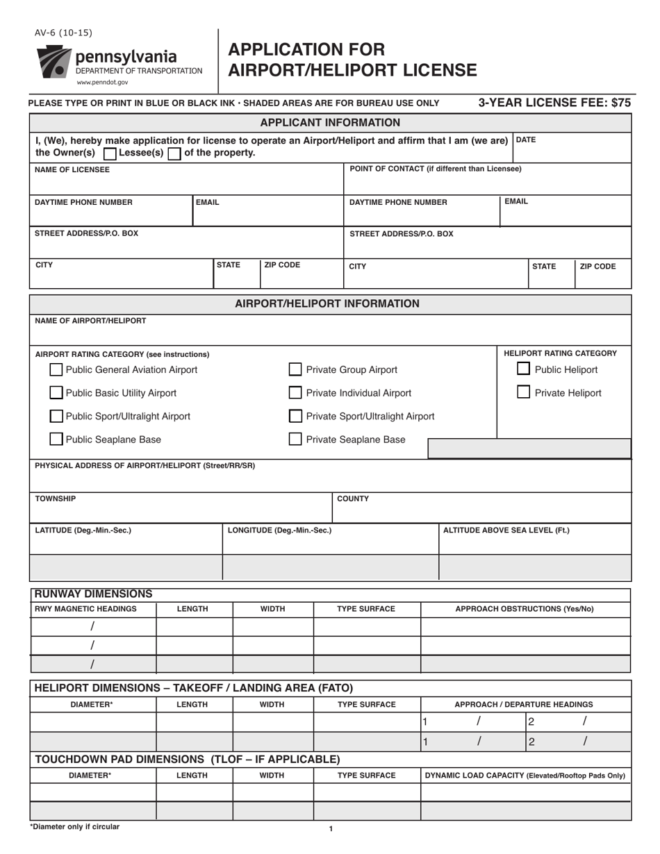 Form AV-6 Application for Airport / Heliport License - Pennsylvania, Page 1