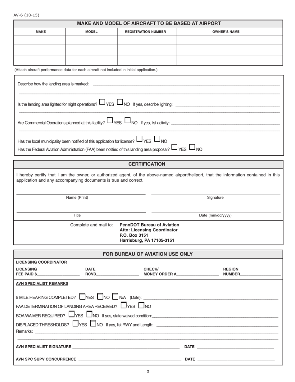 Form AV-6 Application for Airport / Heliport License - Pennsylvania, Page 2